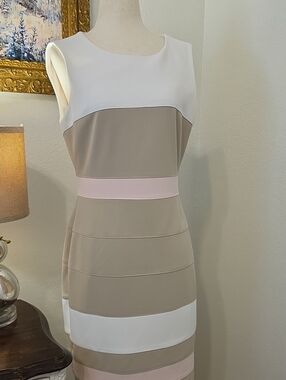 Marc New York Beige, White and Light Pink Colorblock Sheath Dress
